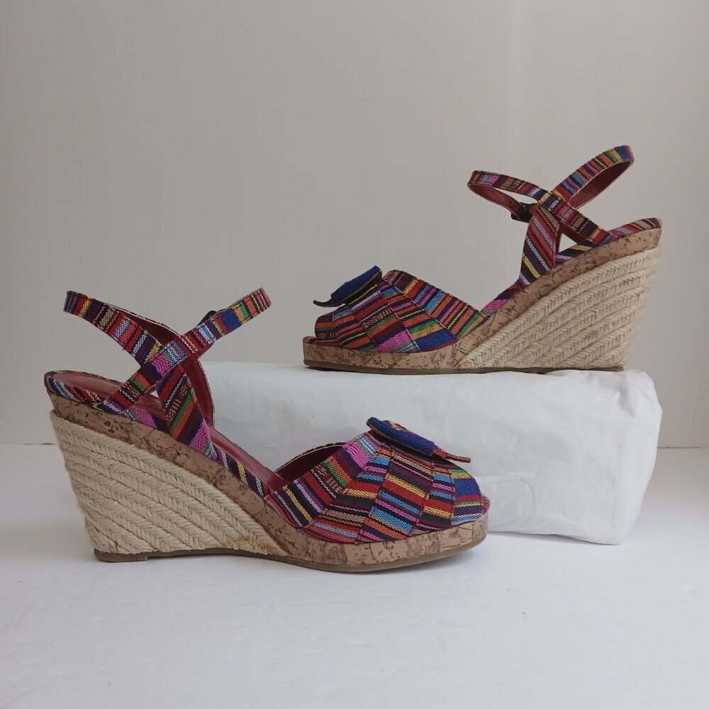 Multicolored Striped Fabric Peeptoe Cork&Rope Ankle Strap Wedge Sandals Sz 6.5 - Picture 10 of 13